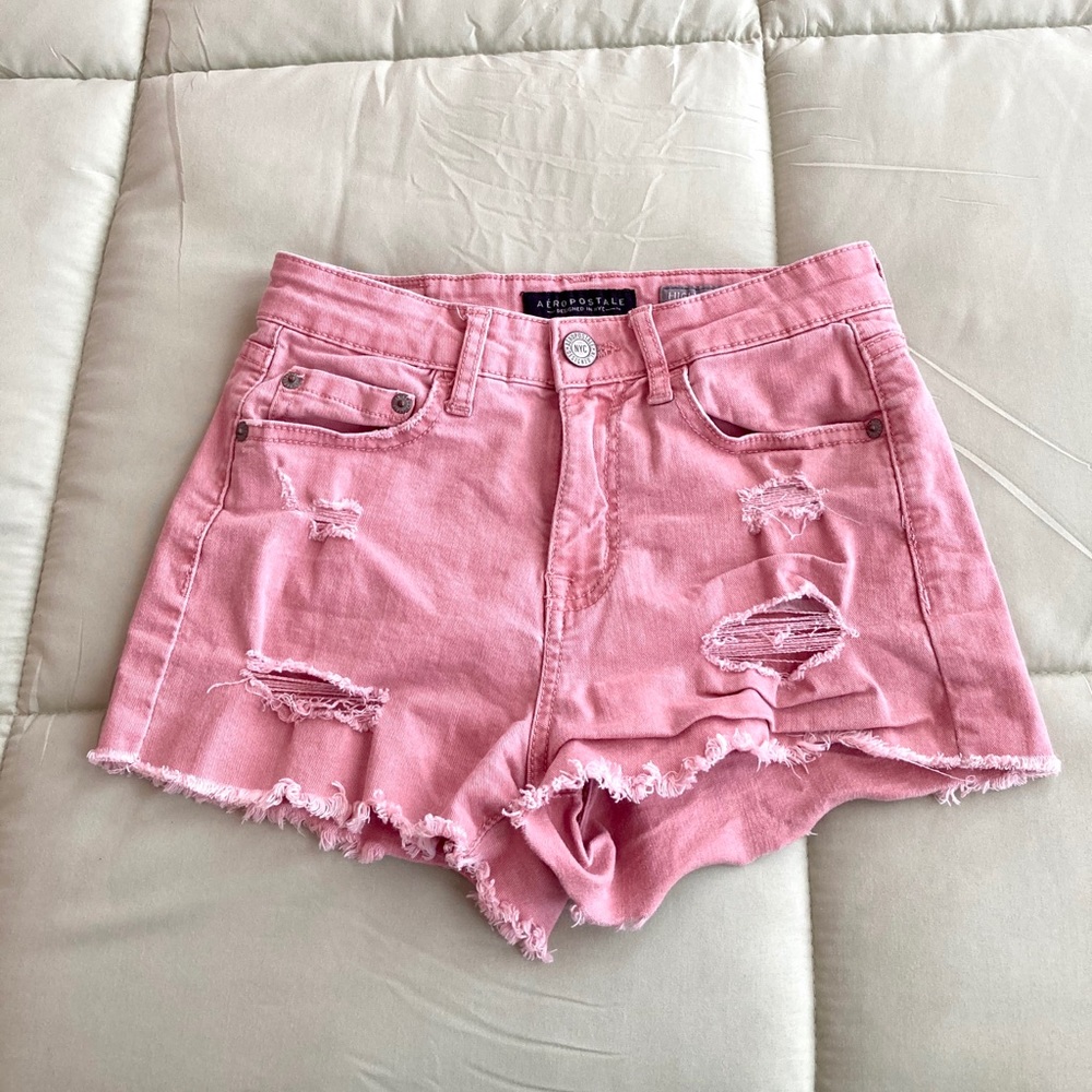 High waisted pink denim shorts